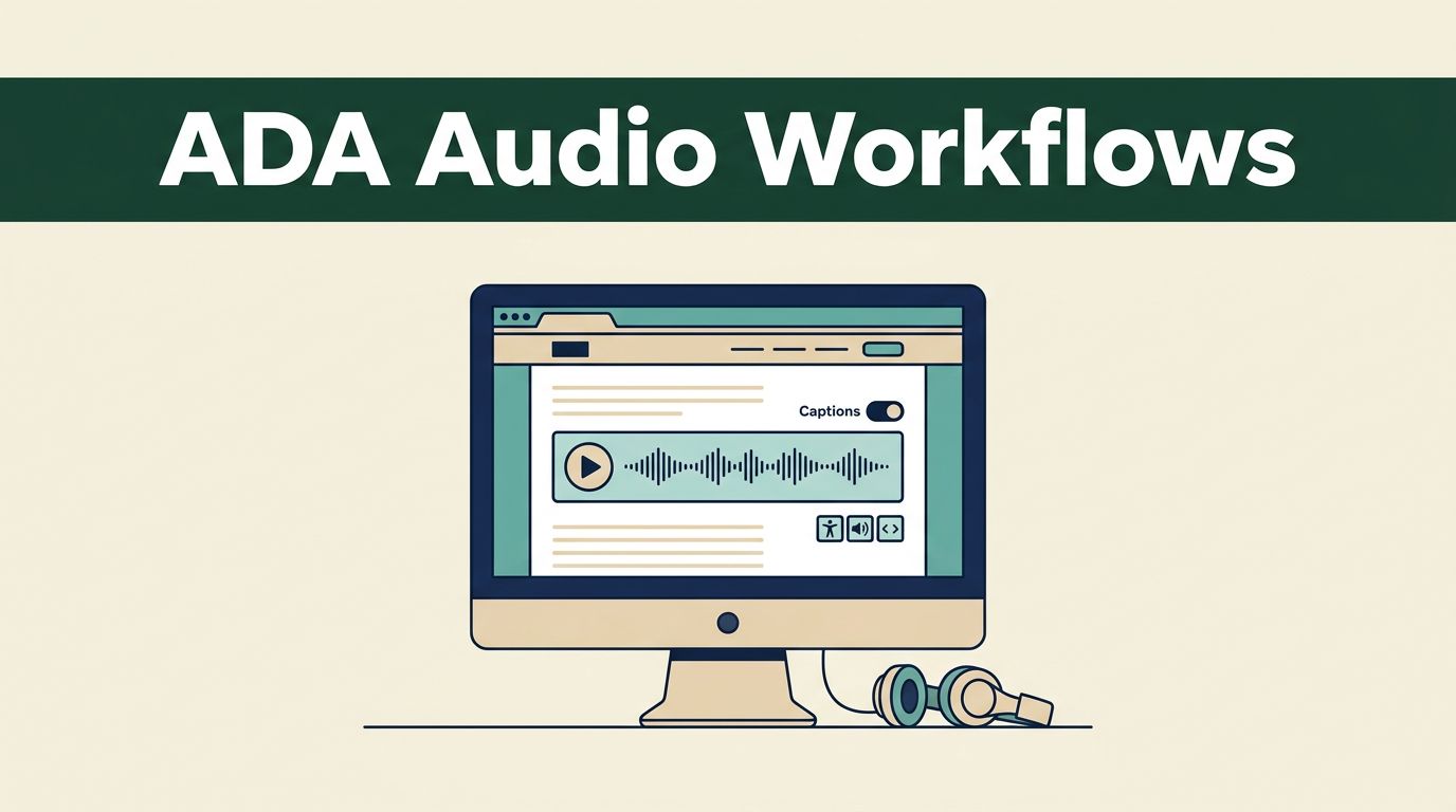 A computer monitor showing an audio player with a waveform and headphones next to it.