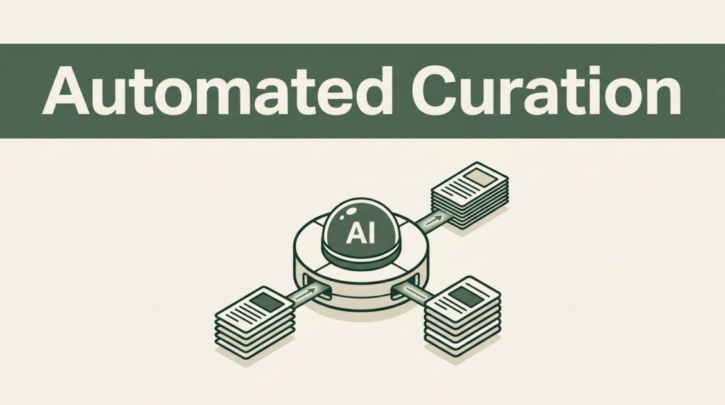 An AI control hub routes article cards through a research pipeline toward a publishing calendar.
