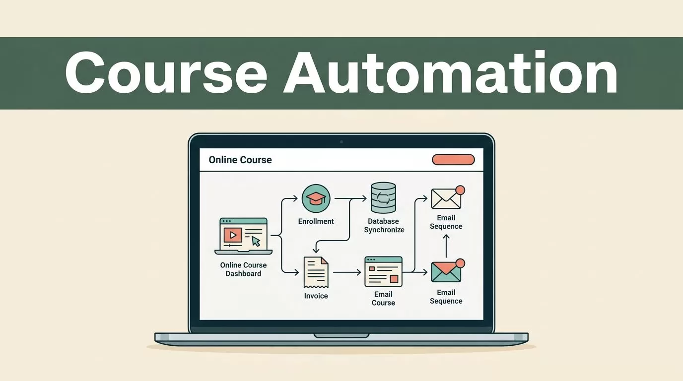A laptop displays an online course automation workflow with connected nodes.