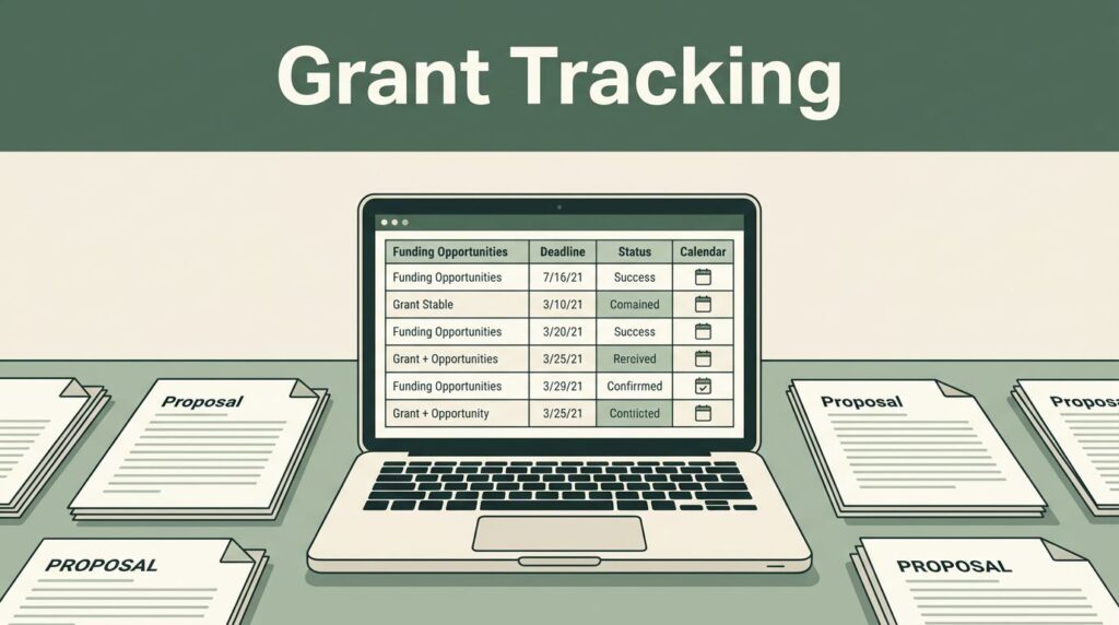 An open laptop showing a grant tracking dashboard next to proposal documents.