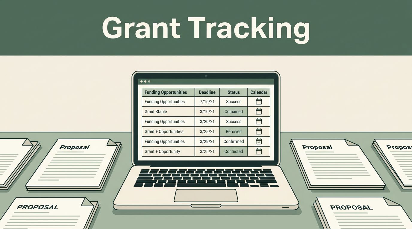 An open laptop showing a grant tracking dashboard next to proposal documents.