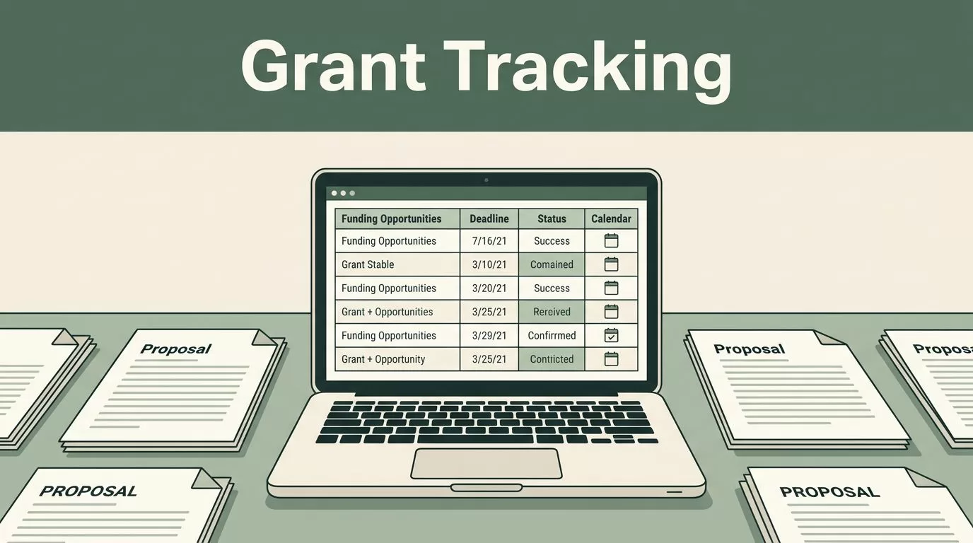 An open laptop showing a grant tracking dashboard next to proposal documents.