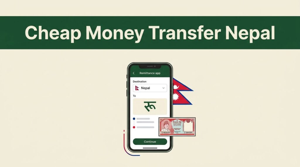 A smartphone showing a Nepal money transfer app beside a Nepalese banknote.