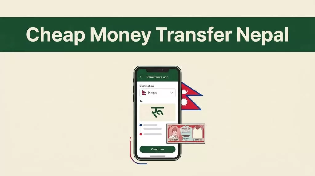 A smartphone showing a Nepal money transfer app beside a Nepalese banknote.