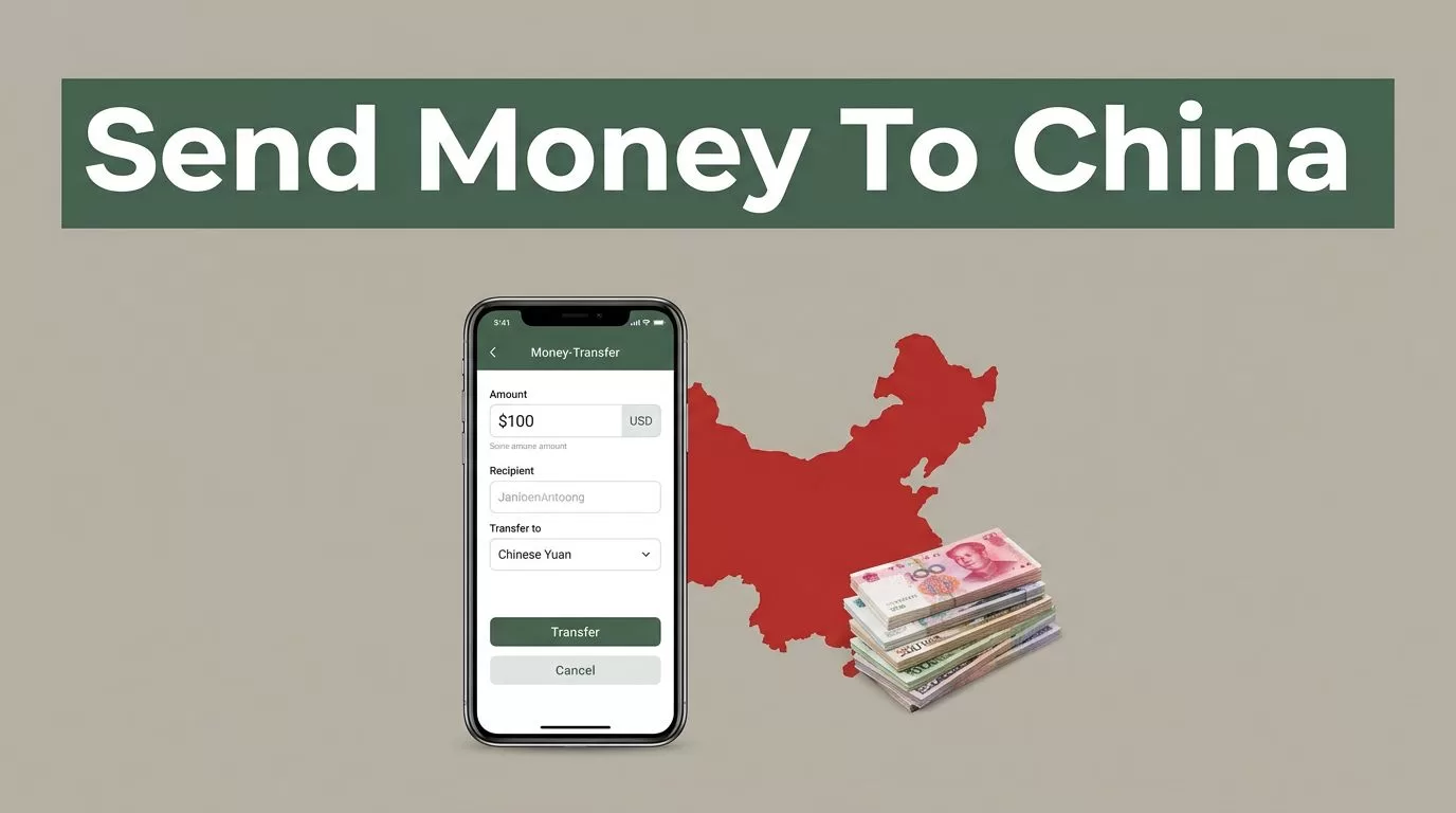 A smartphone showing a money transfer app next to a China map silhouette and banknotes.