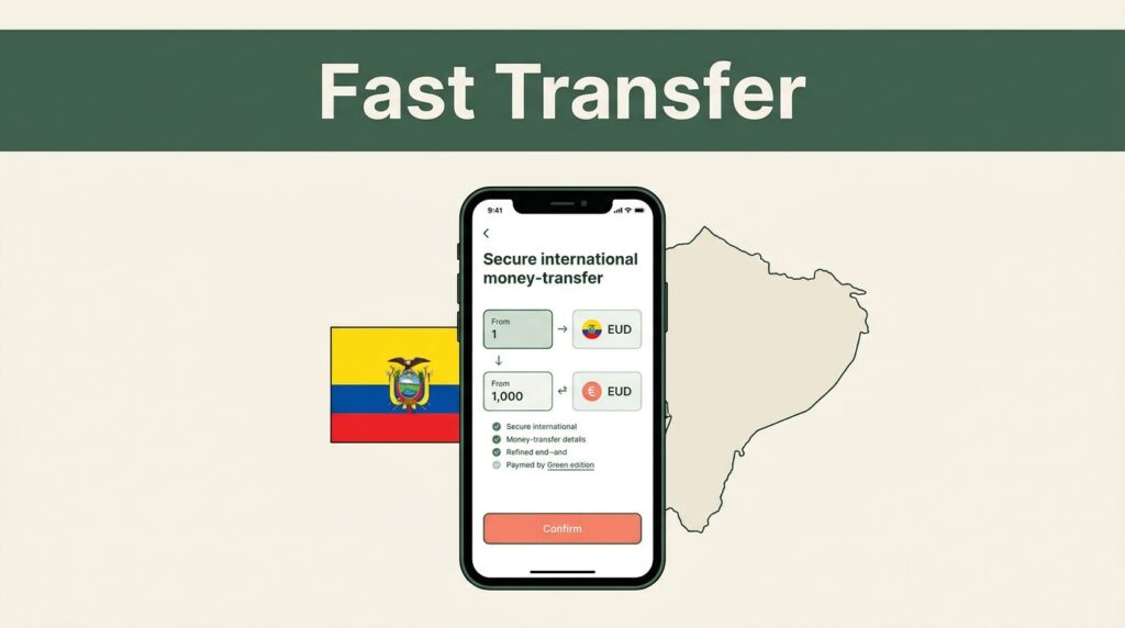 A smartphone with a secure transfer app sits beside an Ecuadorian flag on a cream background.