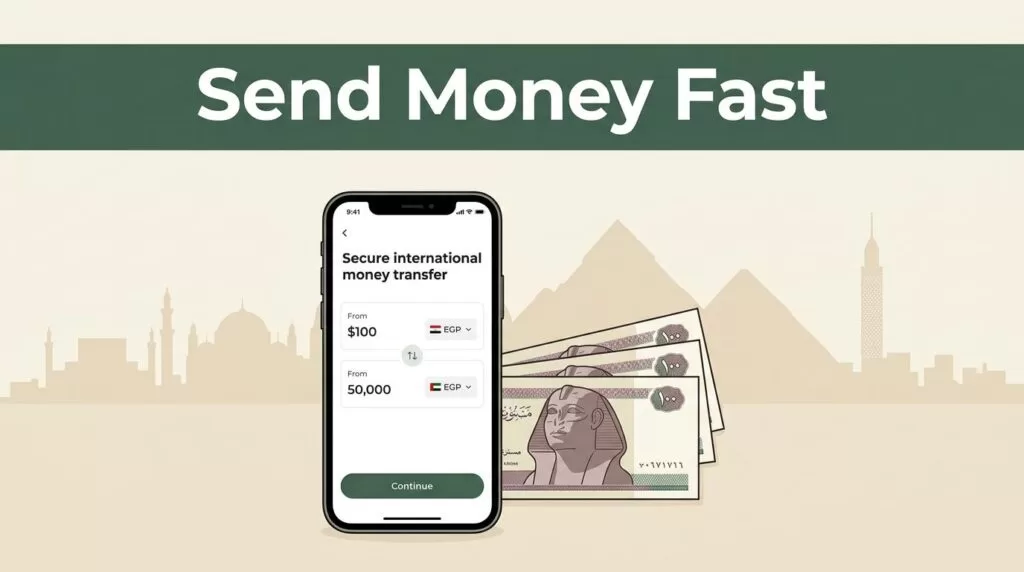 A smartphone showing a money transfer app next to Egyptian pounds and a Cairo silhouette.