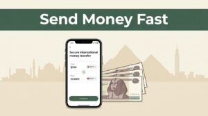 A smartphone showing a money transfer app next to Egyptian pounds and a Cairo silhouette.