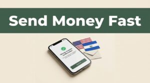 A smartphone showing a money transfer confirmation on a cream background with country accents.