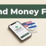 A smartphone showing a money transfer confirmation on a cream background with country accents.