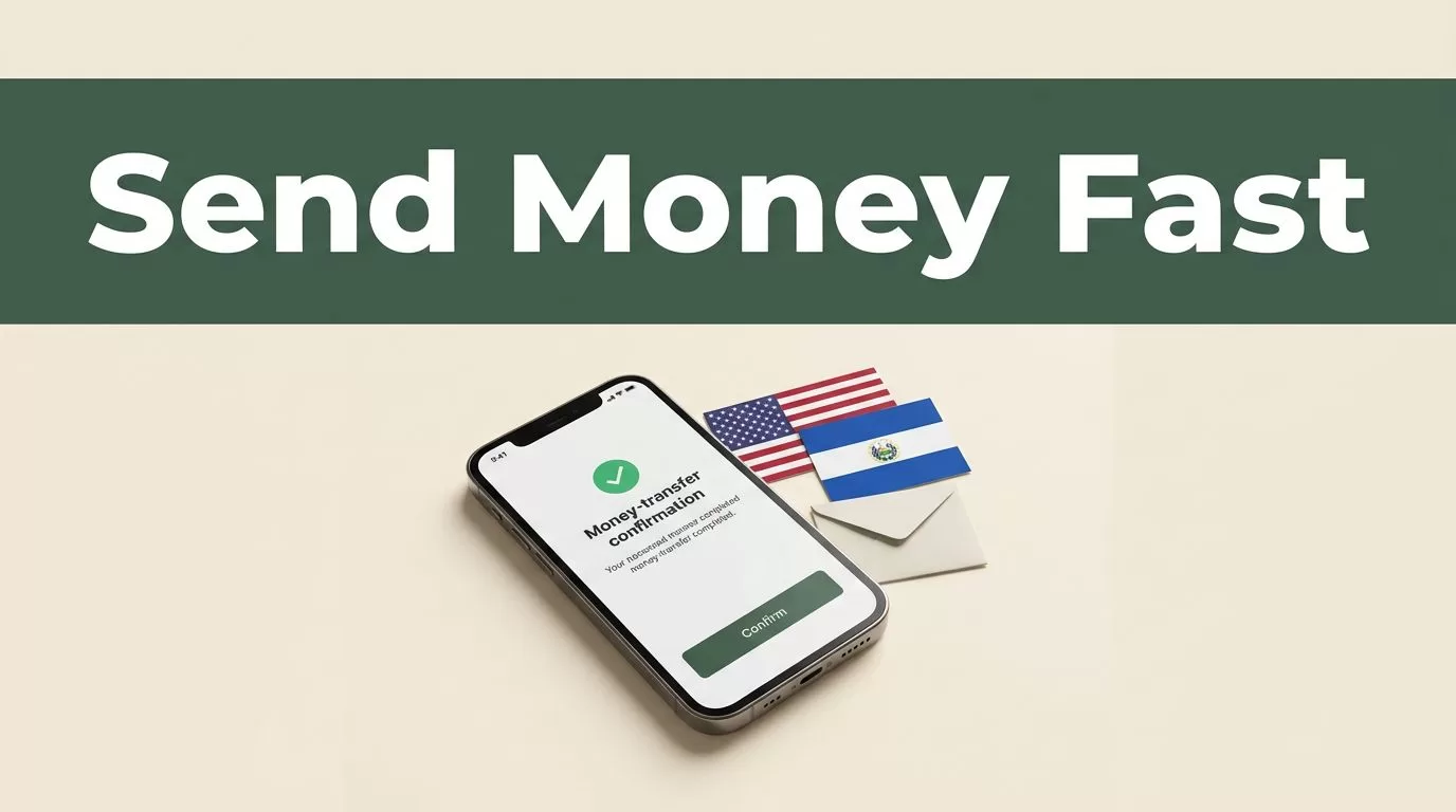 A smartphone showing a money transfer confirmation on a cream background with country accents.