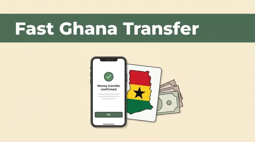A smartphone showing a transfer screen next to a Ghana-shaped card and currency notes.