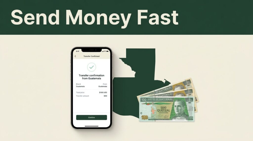 A smartphone showing a transfer confirmation next to Guatemalan banknotes and a map silhouette.
