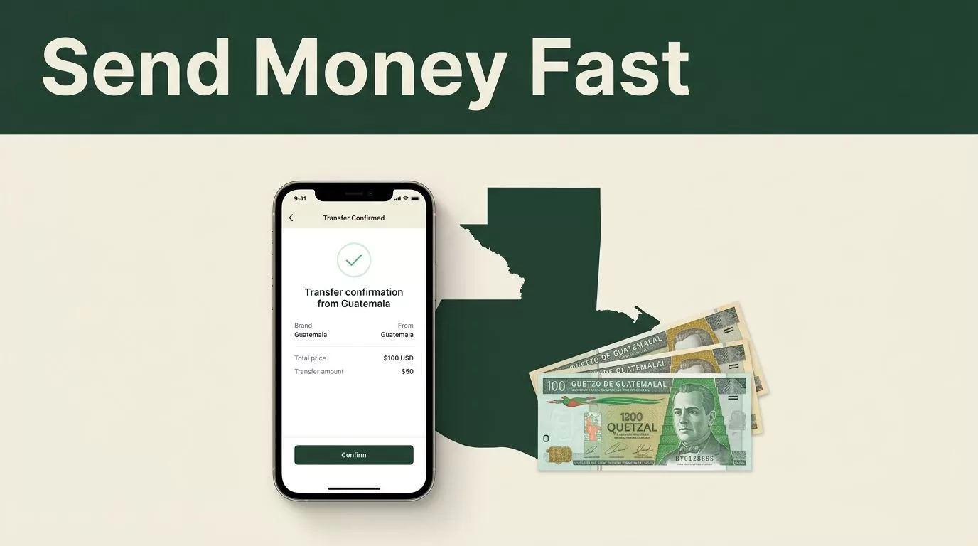 A smartphone showing a transfer confirmation next to Guatemalan banknotes and a map silhouette.