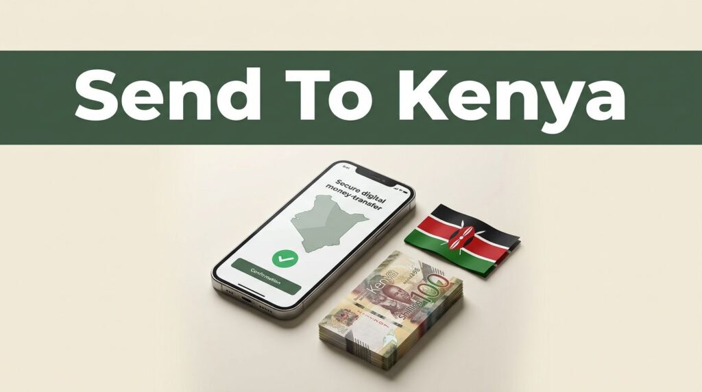 A smartphone showing a money transfer app with a Kenya map and currency on a warm background.