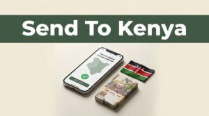 A smartphone showing a money transfer app with a Kenya map and currency on a warm background.