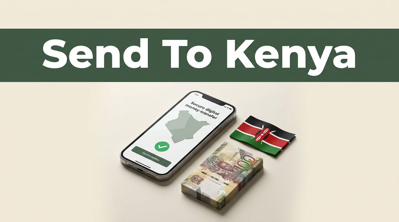 A smartphone showing a money transfer app with a Kenya map and currency on a warm background.