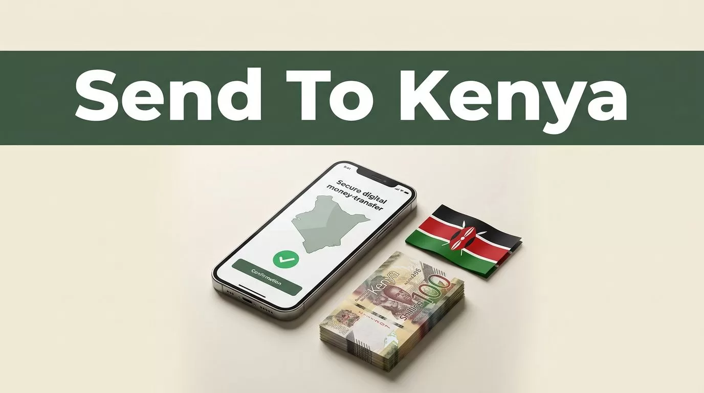 A smartphone showing a money transfer app with a Kenya map and currency on a warm background.