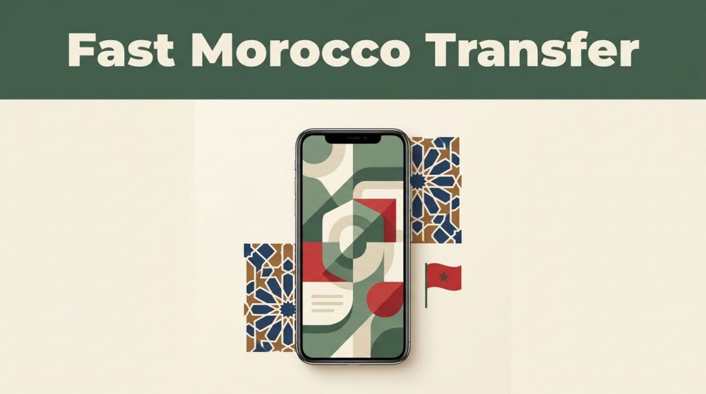 A smartphone displaying a secure money transfer screen next to Moroccan tile accents and a red flag.