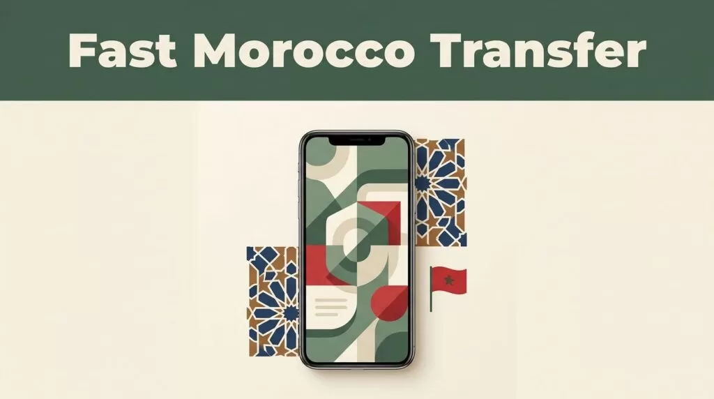 A smartphone displaying a secure money transfer screen next to Moroccan tile accents and a red flag.