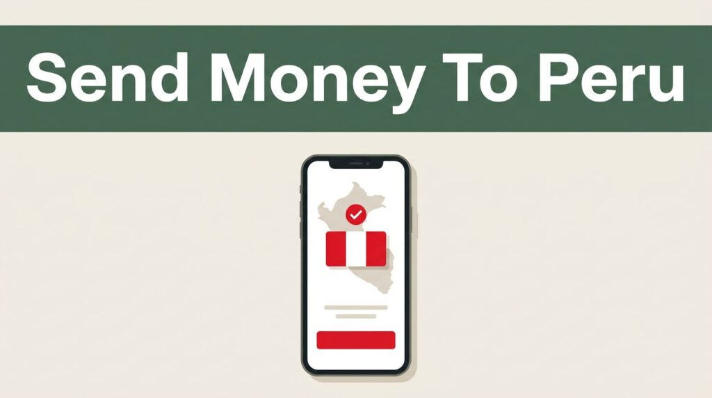 A smartphone displays a Peru money transfer confirmation screen below a dark green header.