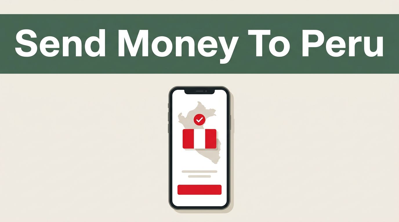 A smartphone displays a Peru money transfer confirmation screen below a dark green header.