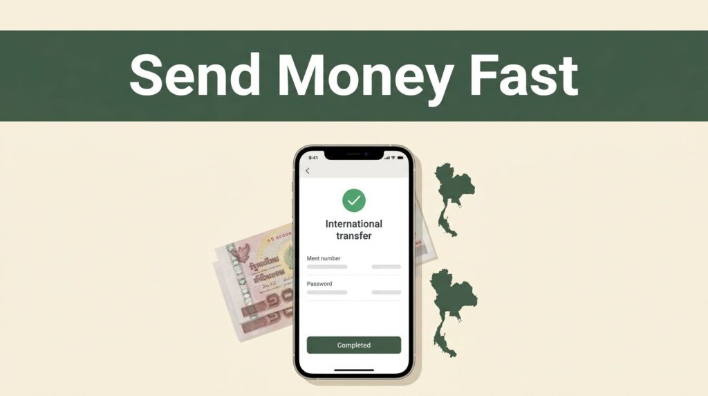 A smartphone showing a money transfer screen next to Thai currency.