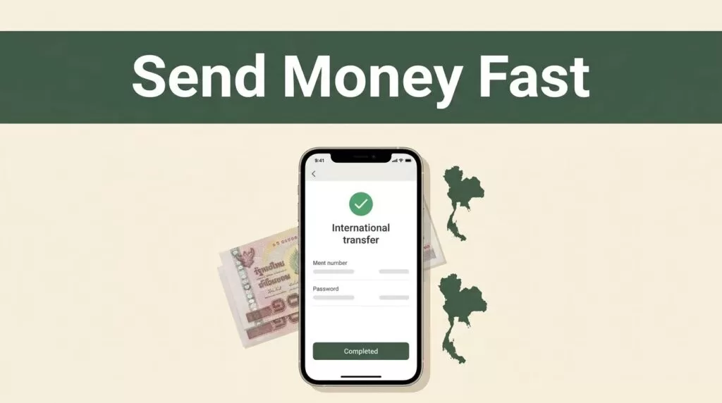 A smartphone showing a money transfer screen next to Thai currency.