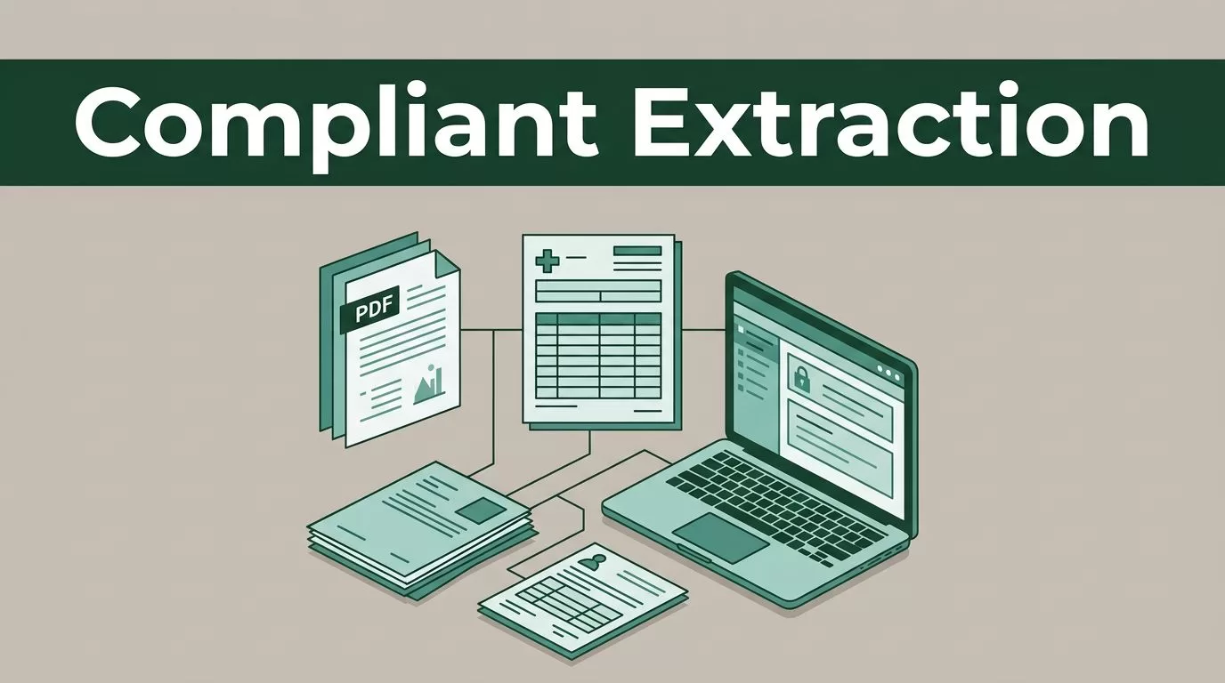 Medical record forms and a secure laptop connected by data lines on a gray surface.