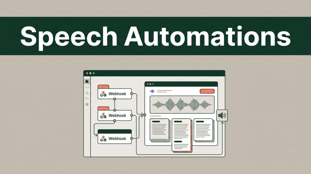 An automated workflow dashboard showing webhook nodes connecting to a speech interface with waveform graphics.