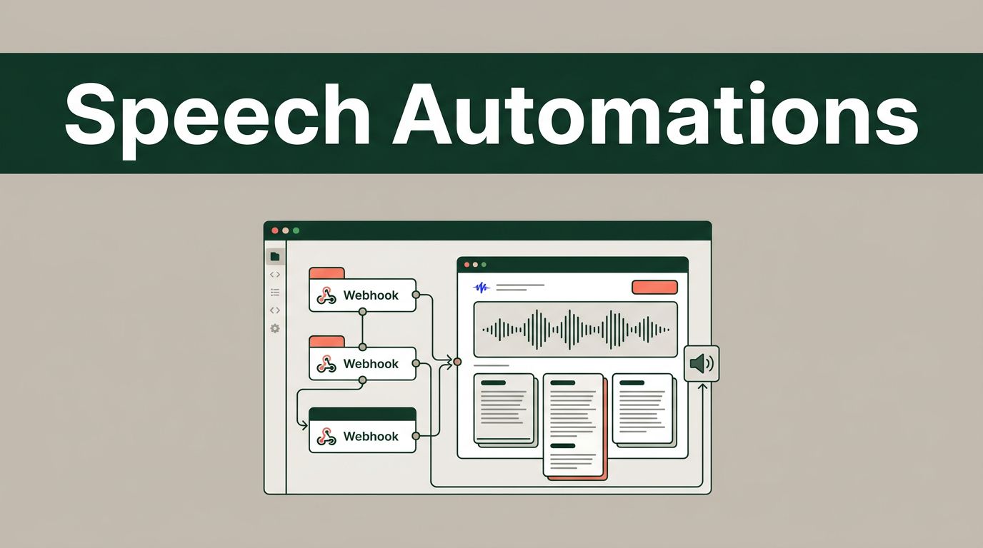 An automated workflow dashboard showing webhook nodes connecting to a speech interface with waveform graphics.