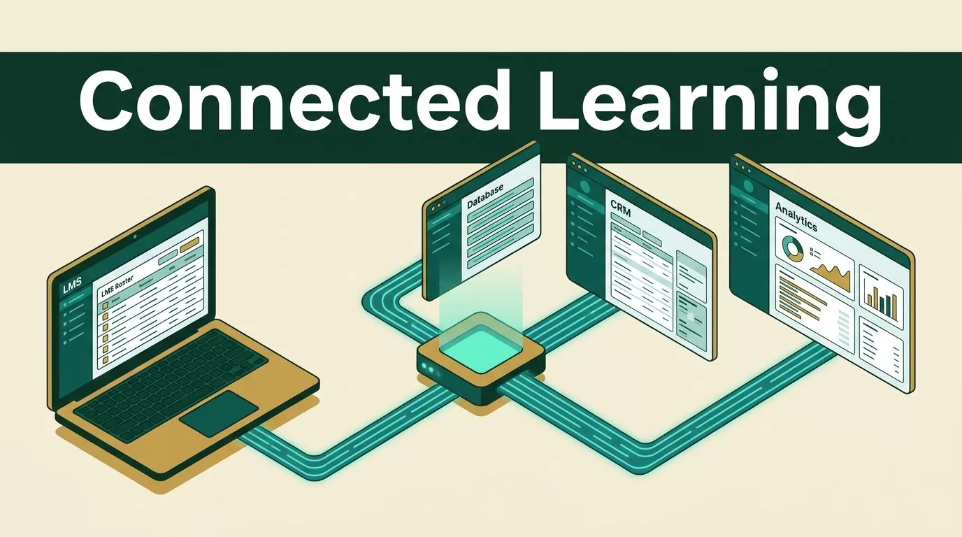A glowing data hub connecting a laptop to software screens via teal streams against a cream and dark green background.