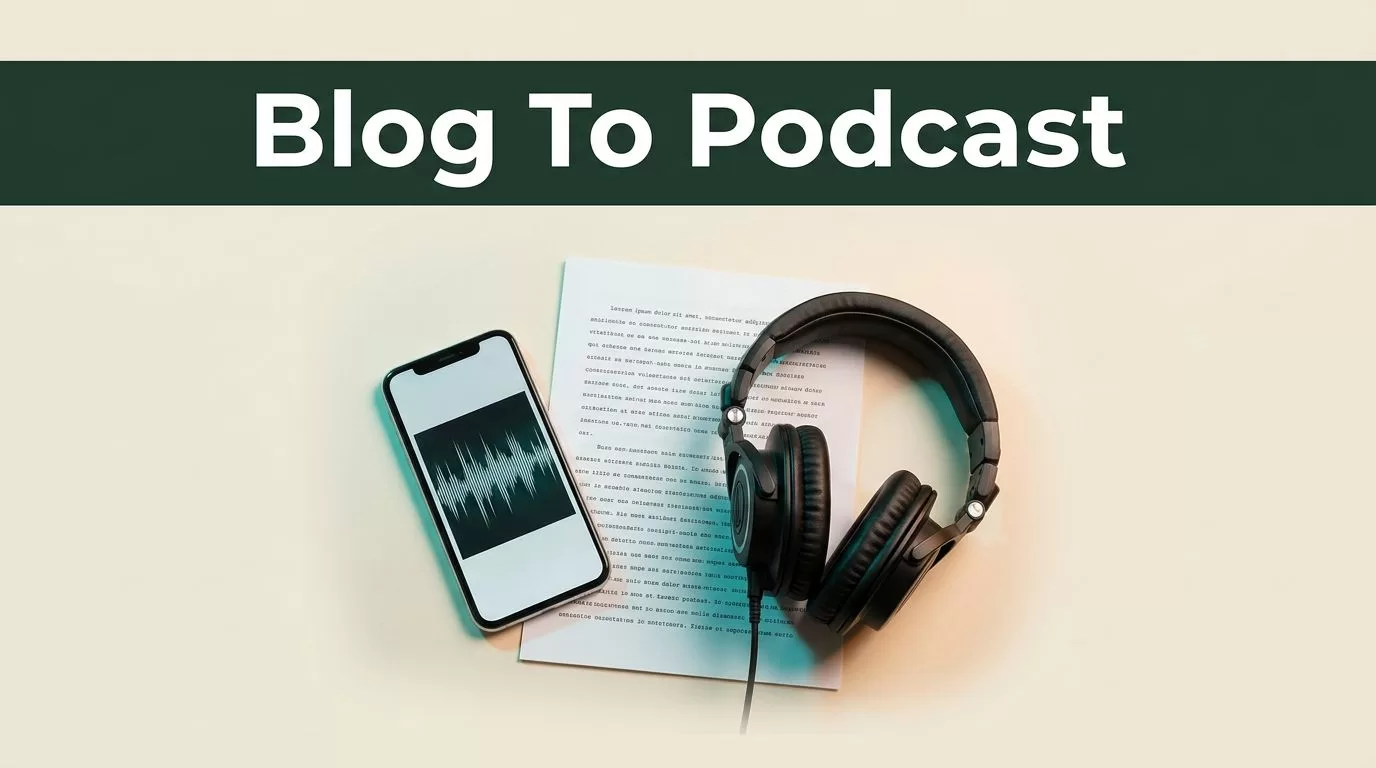 A smartphone displaying an audio waveform next to manuscript pages and headphones.