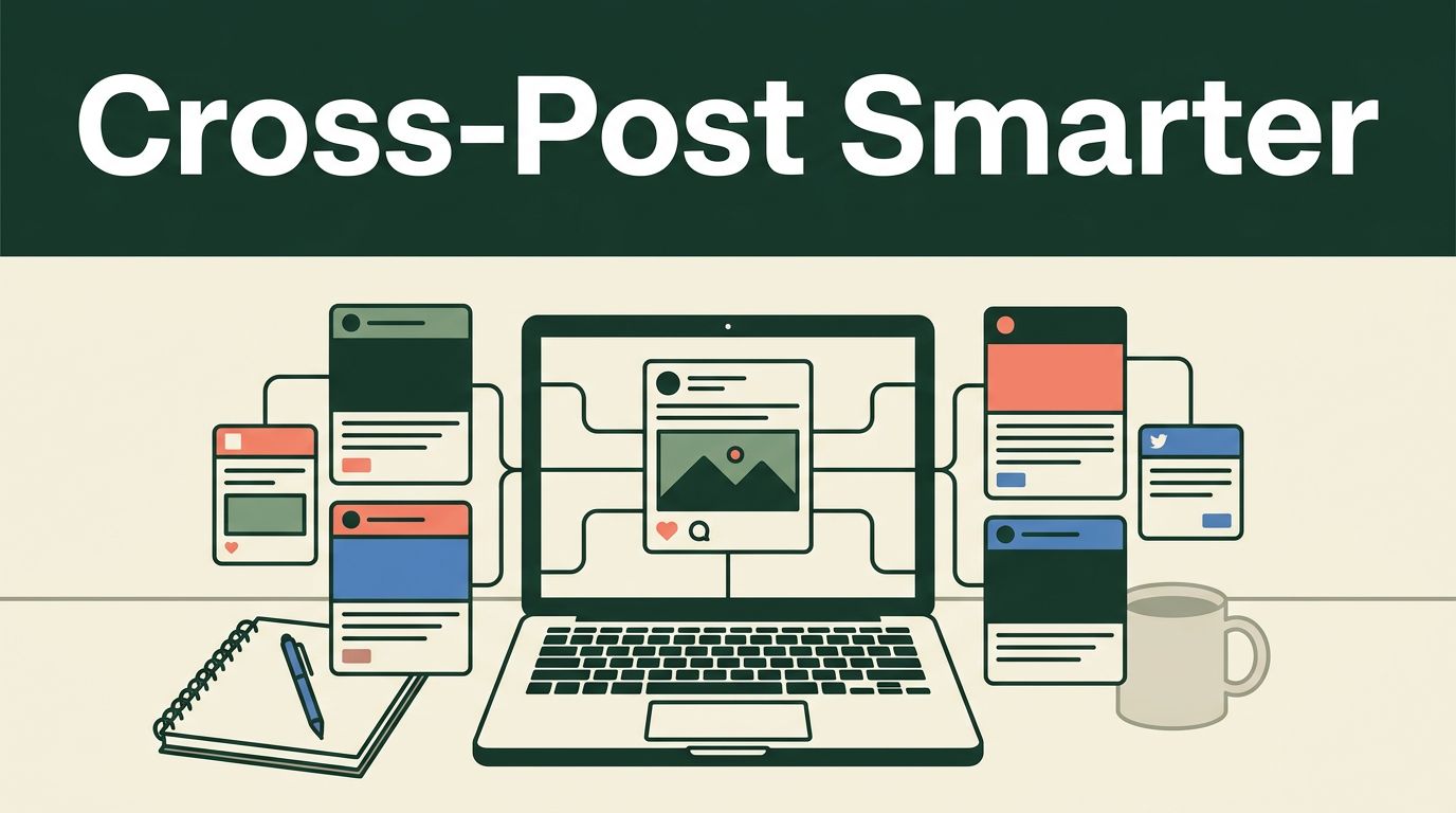 Laptop workspace with a central post branching into colorful content panels.