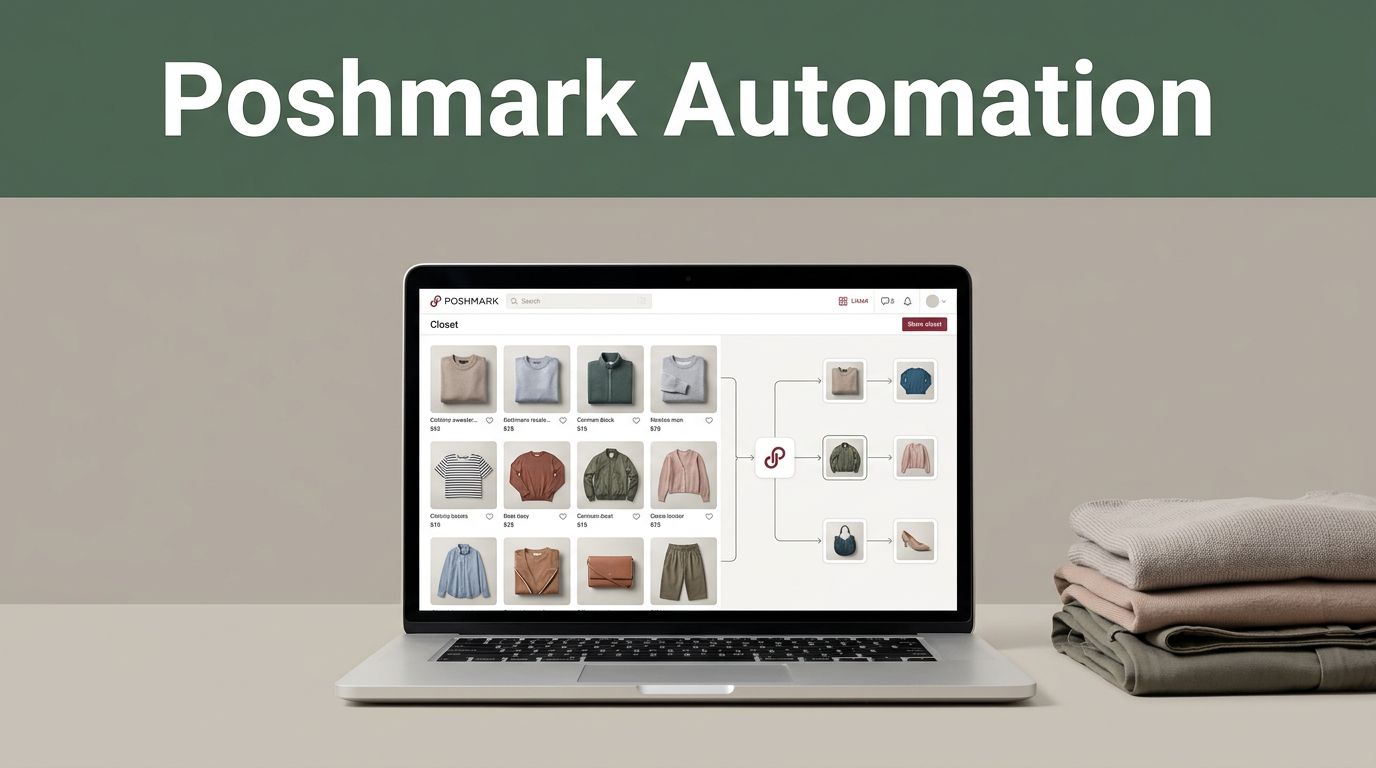 Laptop showing a resale closet interface beside neatly folded clothes.