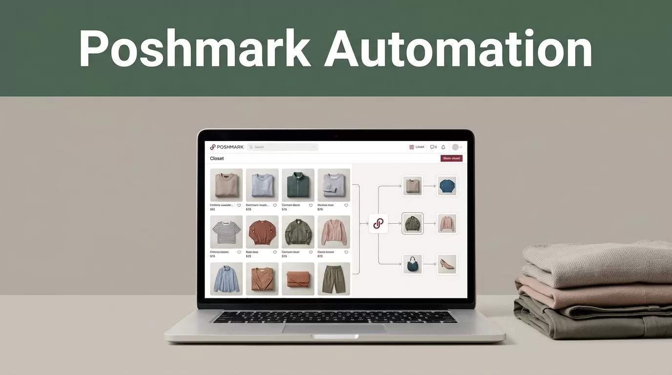 Laptop showing a resale closet interface beside neatly folded clothes.