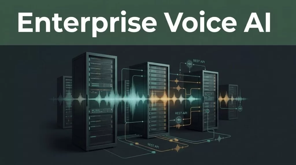Server racks connected to luminous voice waveforms against a dark background.