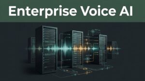 Server racks connected to luminous voice waveforms against a dark background.