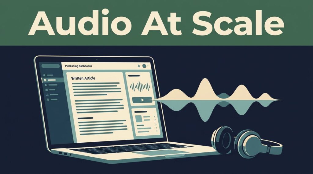 A laptop showing an audio waveform and headphones on a dark navy desk.