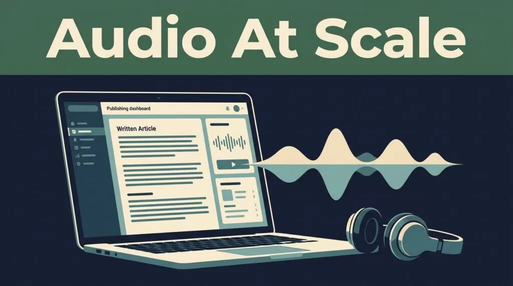 A laptop showing an audio waveform and headphones on a dark navy desk.