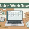 Laptop workflow board beside clothing inventory, product photos, measuring tape, and packing supplies.