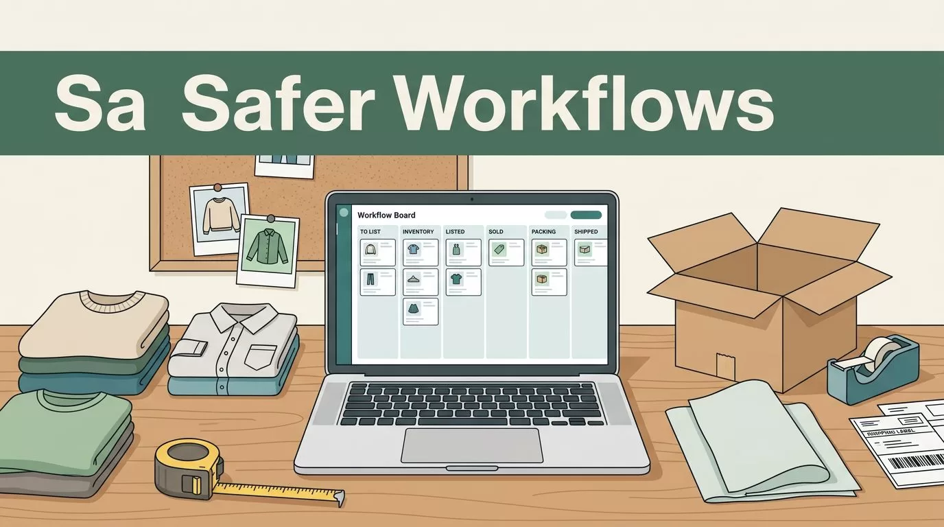 Laptop workflow board beside clothing inventory, product photos, measuring tape, and packing supplies.