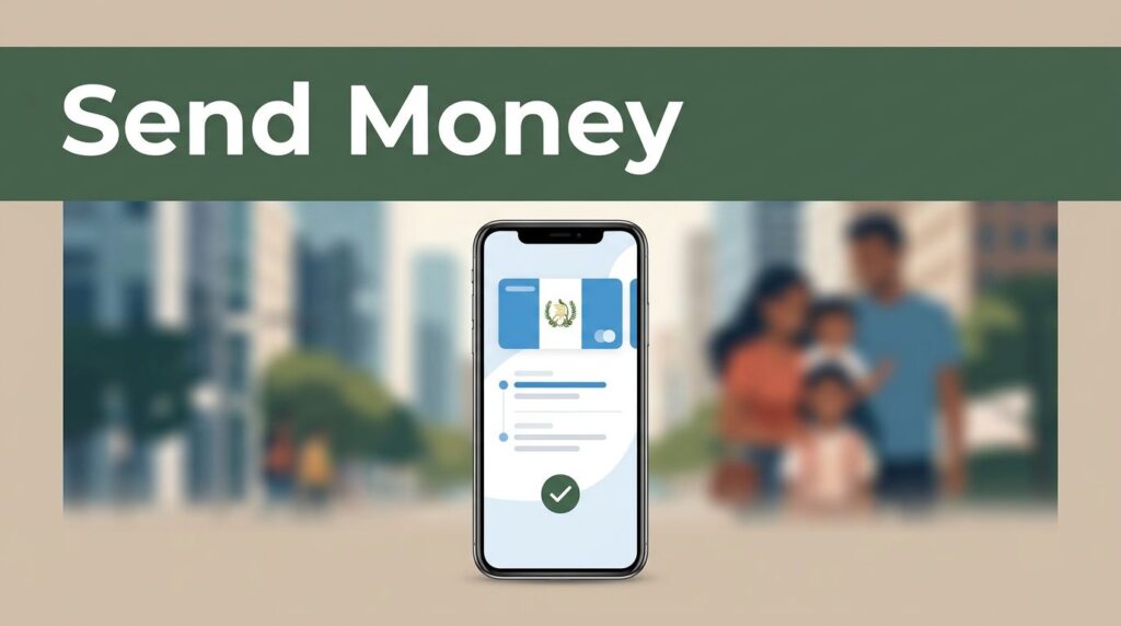 A smartphone displays a secure money transfer interface with a confirmation checkmark.