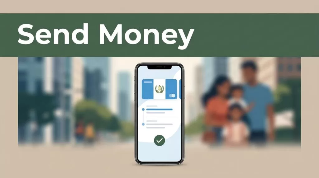 A smartphone displays a secure money transfer interface with a confirmation checkmark.