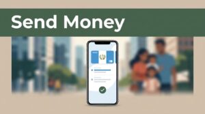 A smartphone displays a secure money transfer interface with a confirmation checkmark.