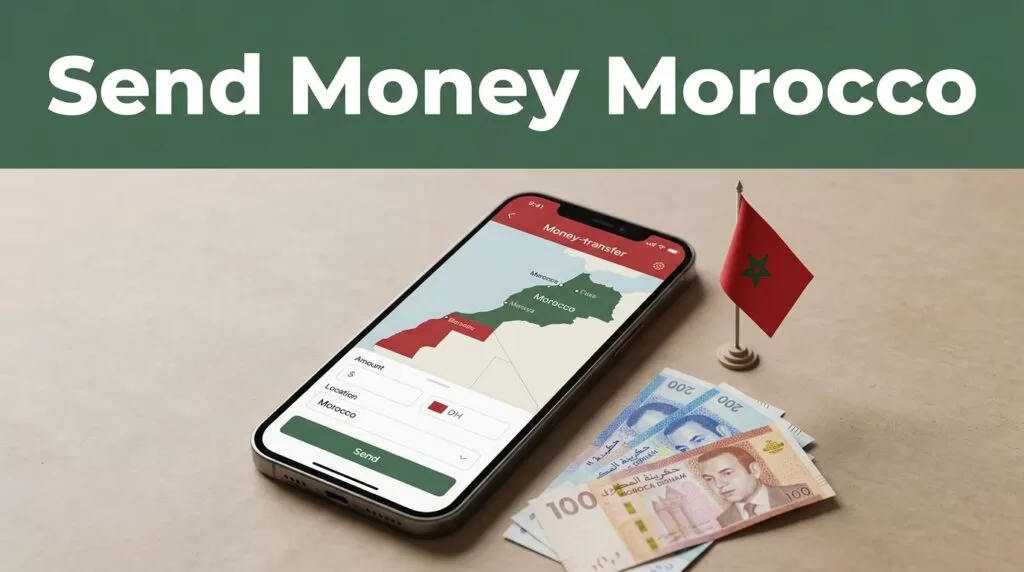 A smartphone showing a money transfer app beside a Moroccan flag and currency notes.