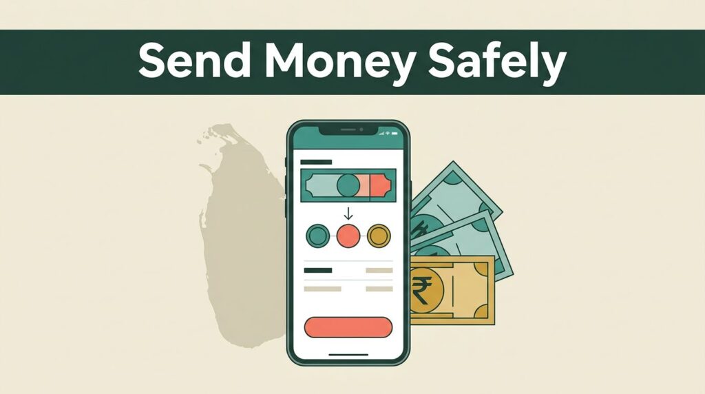 A smartphone showing a money transfer app beside a Sri Lanka map and currency notes.