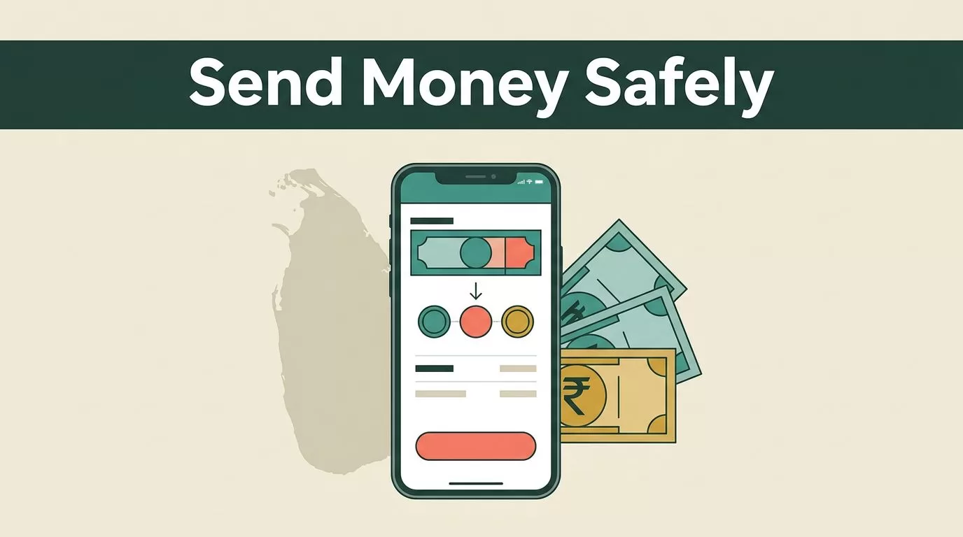 A smartphone showing a money transfer app beside a Sri Lanka map and currency notes.