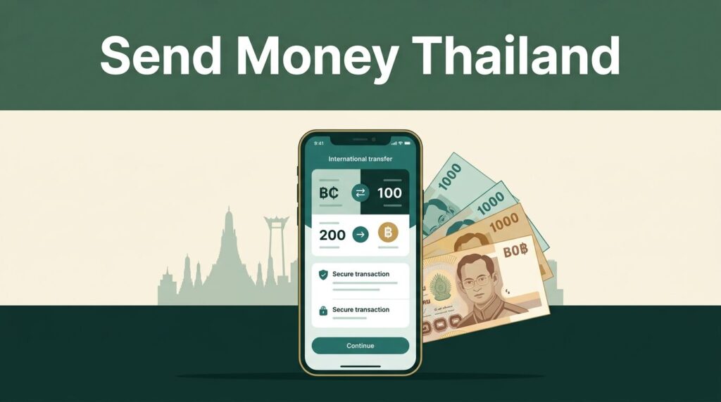 A smartphone showing a transfer app and Thai currency against a dark green backdrop.