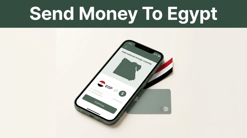 A smartphone showing an Egypt money transfer app beside a payment card.